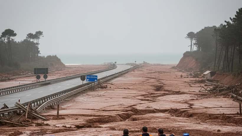 Volontari della Protezione Civile che sorvegliano la frana di Petacciato in Molise con veicoli di emergenza in primo piano