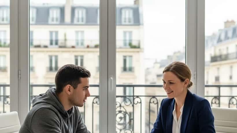 Jeune sportif français et conseiller en gestion de patrimoine à Paris discutent d'investissements