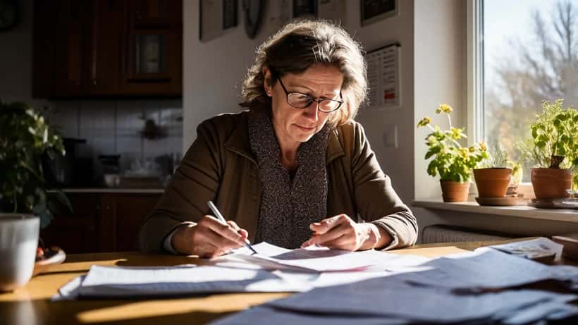 Frau prüft Krankenversicherungsunterlagen am Küchentisch — GKV-Reform 2026