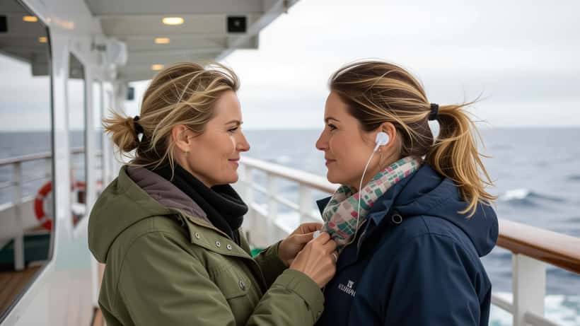 Frau auf Kreuzfahrtdeck klebt Scopolamin-Pflaster ans Ohr, Nordsee im Hintergrund