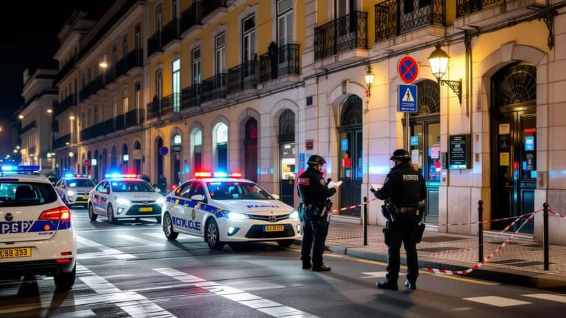 Polícia junto à porta de uma discoteca em Lisboa de madrugada, com fita de isolamento