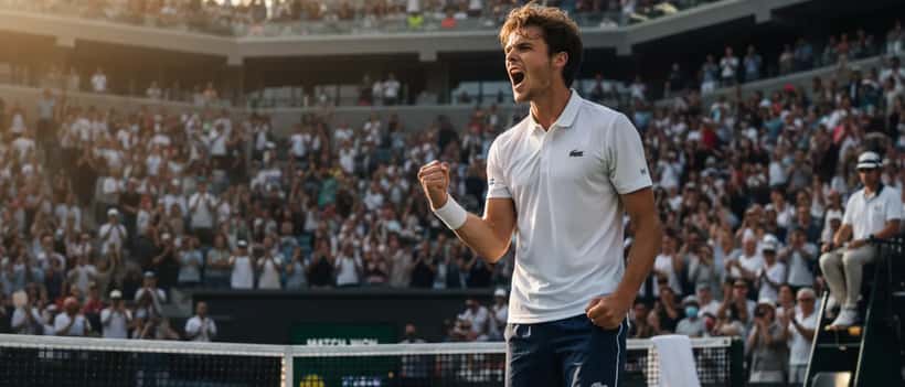 Young tennis player celebrating a victory on a hard court, fist pump, candid sports moment
