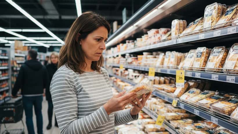 Femme examinant l'étiquette d'un plat cuisiné dans un supermarché Carrefour lors d'un rappel listeria