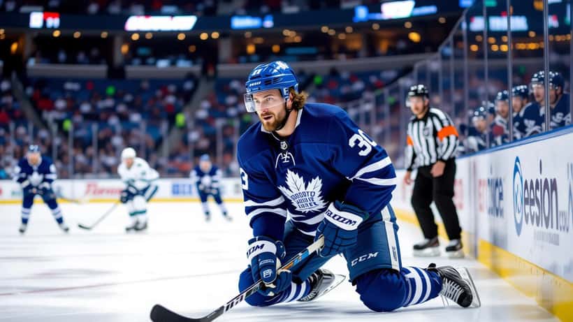 NHL hockey player gripping his right hip in pain on the ice during a Toronto preseason game