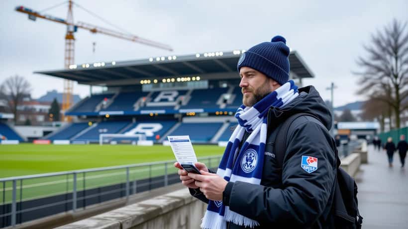 Supporter du RC Strasbourg avec un abonnement devant le stade de la Meinau rénové