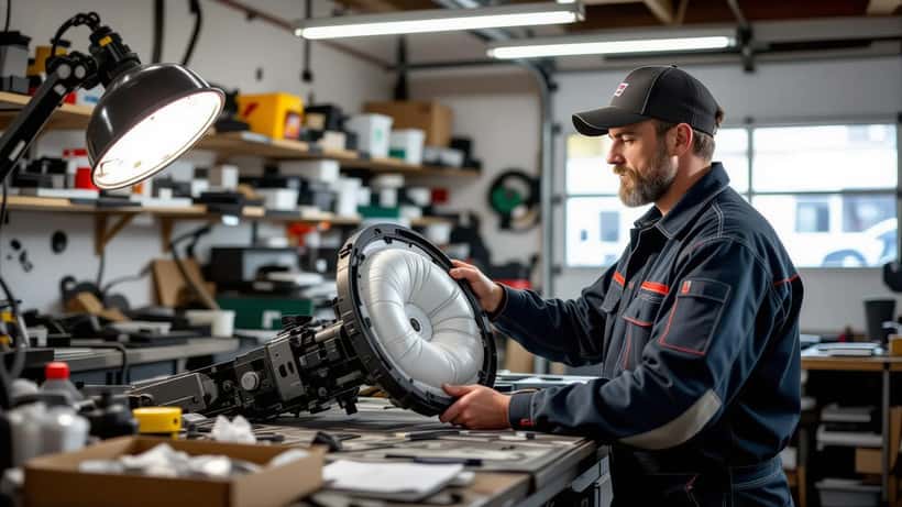 Mécanicien tenant un module d'airbag de volant dans un garage