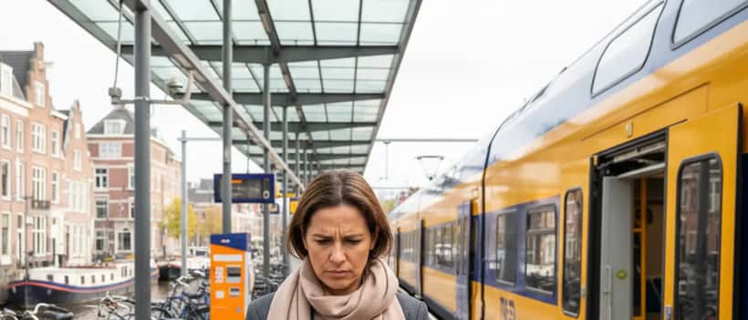 Nederlandse reizigster op treinperron kijkt gefrustreerd op haar telefoon