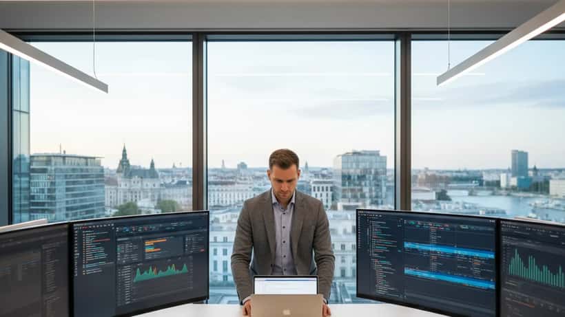 IT-Berater analysiert Oracle-Datenbankinfrastruktur auf mehreren Bildschirmen in einem modernen Wiener Büro