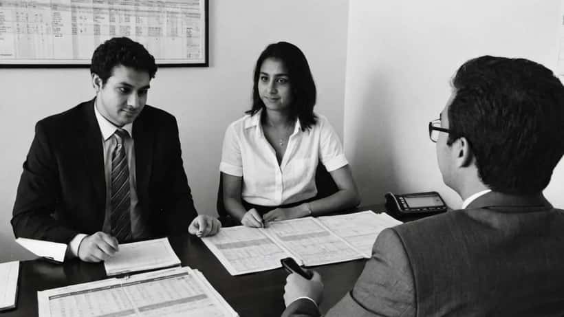 Financial adviser reviewing property market charts with a couple in a modern Sydney financial planning office