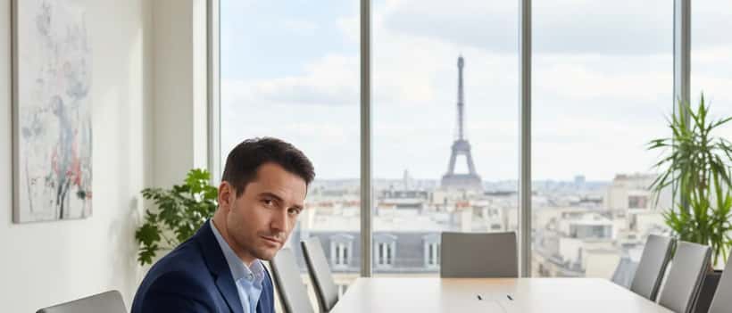 Conseiller en gestion de patrimoine analysant un portefeuille d'épargne salariale Airbus dans un bureau professionnel