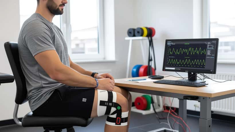 Atleta amador em reabilitação com joelheira inteligente e eletroestimulador numa clínica de fisioterapia