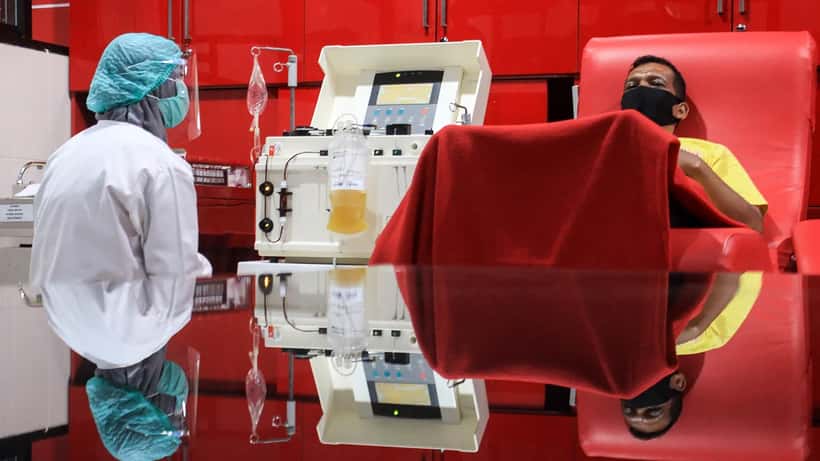 Donneur allongé lors d'un don de plasma par aphérèse dans un centre de collecte