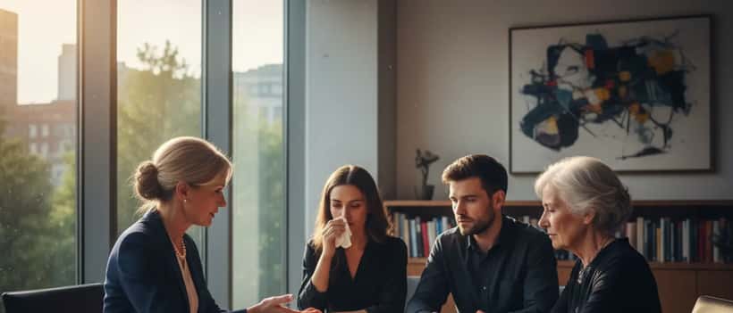 British solicitor meeting with bereaved family members reviewing legal documents in a professional office