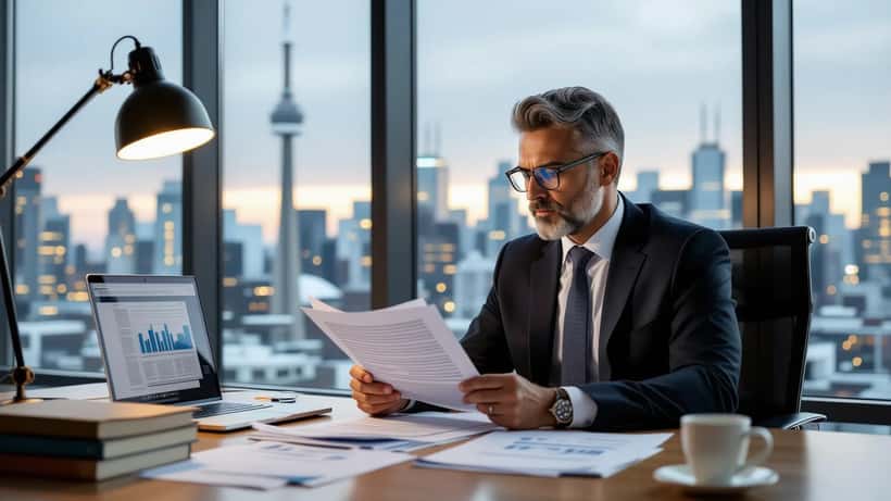 Trade lawyer in Toronto office reviewing US supply contract documents and Canada September 8 tariff schedules