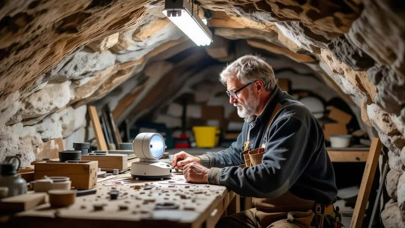 Österreichischer Hausbesitzer prüft Radon-Messgerät in einem Mühlviertel-Granit-Keller