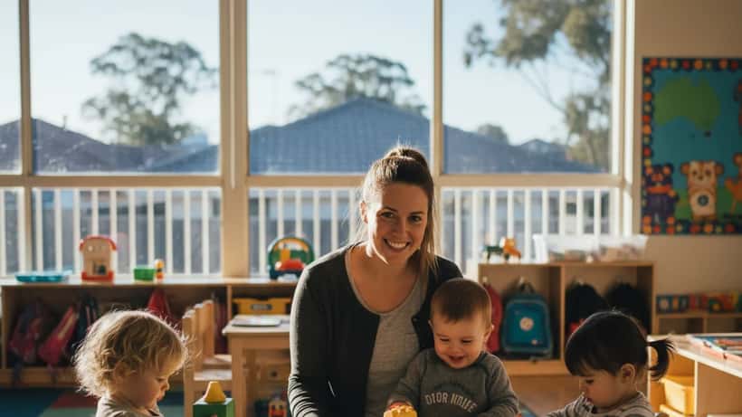 Childcare worker with toddlers in a bright Australian daycare centre