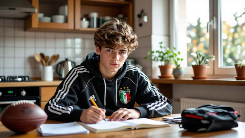 Giovane calciatore in tenuta da allenamento che studia sui libri di scuola al tavolo di casa