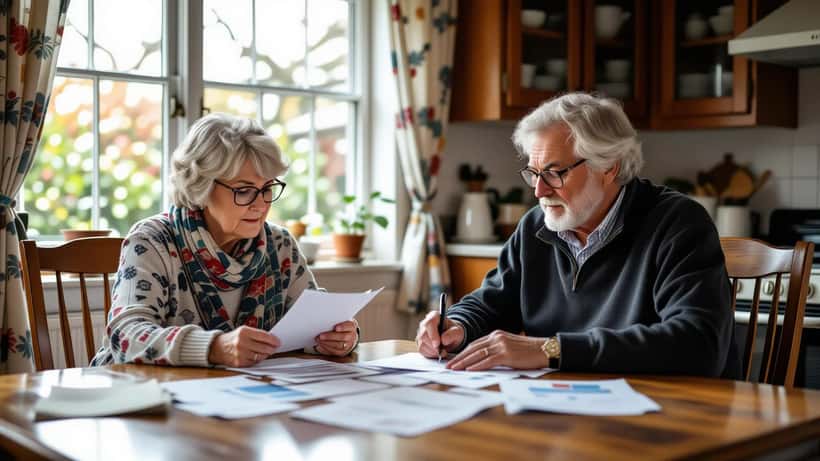Two British pensioners reviewing pension documents at a kitchen table, documentary style