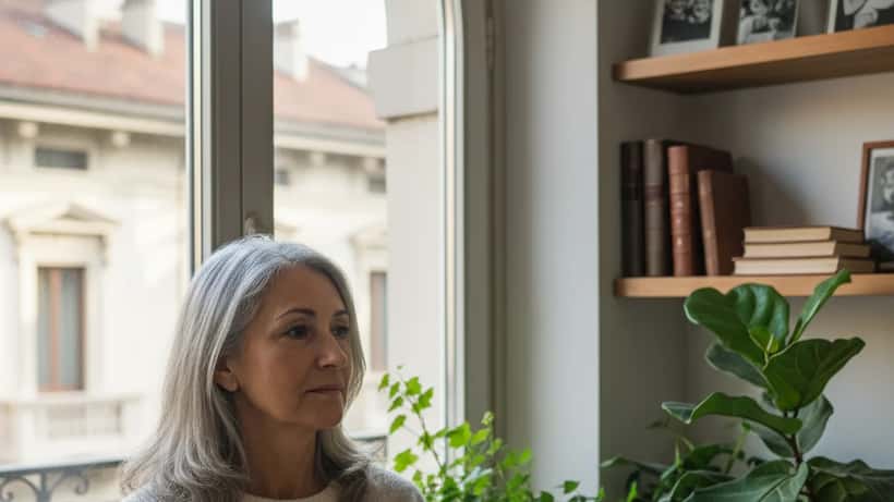 Donna italiana di mezza età seduta vicino a una finestra a Milano, momento riflessivo dopo un lutto