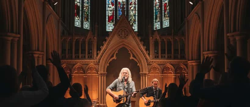 Silver-haired rock musician performing at an intimate acoustic venue, warm stage lighting, conveying music and healthy ageing