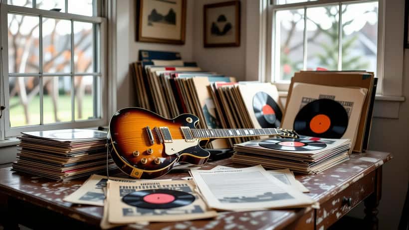 Vintage electric guitar beside vinyl records and estate paperwork on a table in a home study