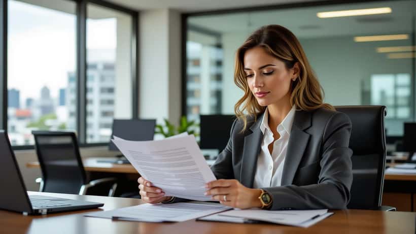 Advogada revisando contrato de licitação pública em escritório em Brasília
