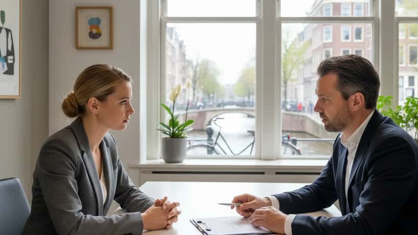 Nederlandse vrouw in overleg met advocaat in modern Amsterdams kantoor