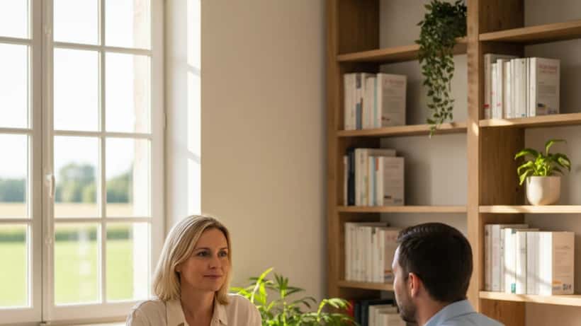 Consultation psychologique en milieu rural français, agricultrice parlant avec un professionnel de santé mentale en Normandie
