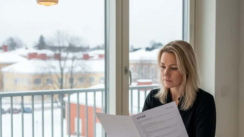 Suomalainen nainen lukee asuntodokumentteja modernissa helsinkiläisasunnossa