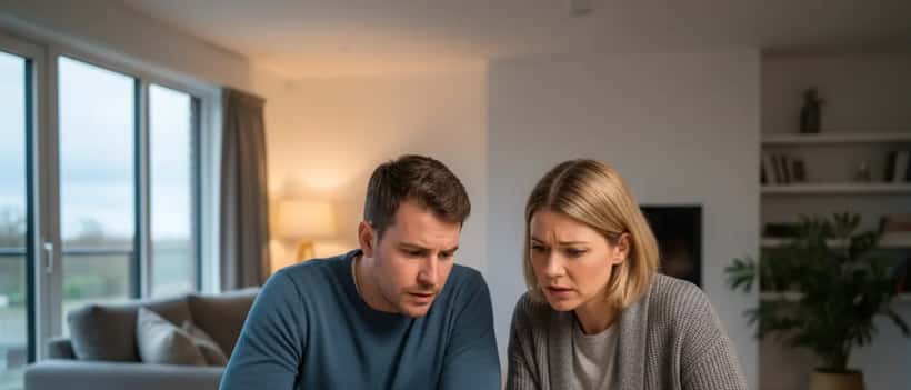 British couple reviewing energy bills at home during Iran war cost of living crisis