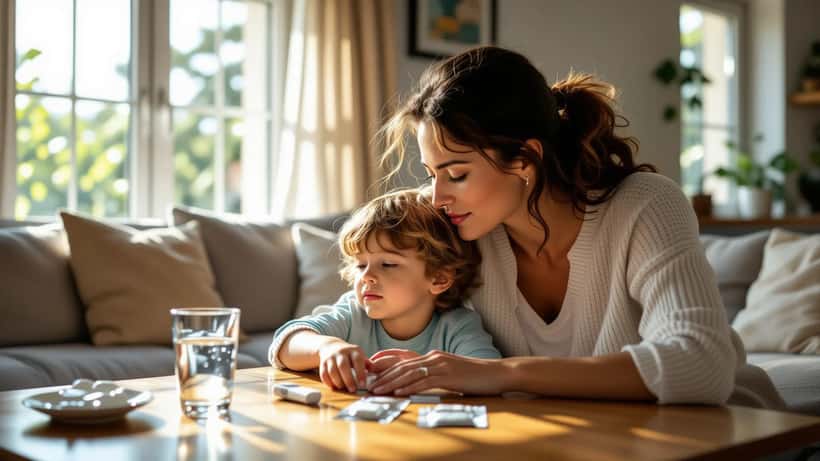 Une mère prend la température de son enfant fiévreux dans un salon en été, thermomètre et solution de réhydratation sur la table