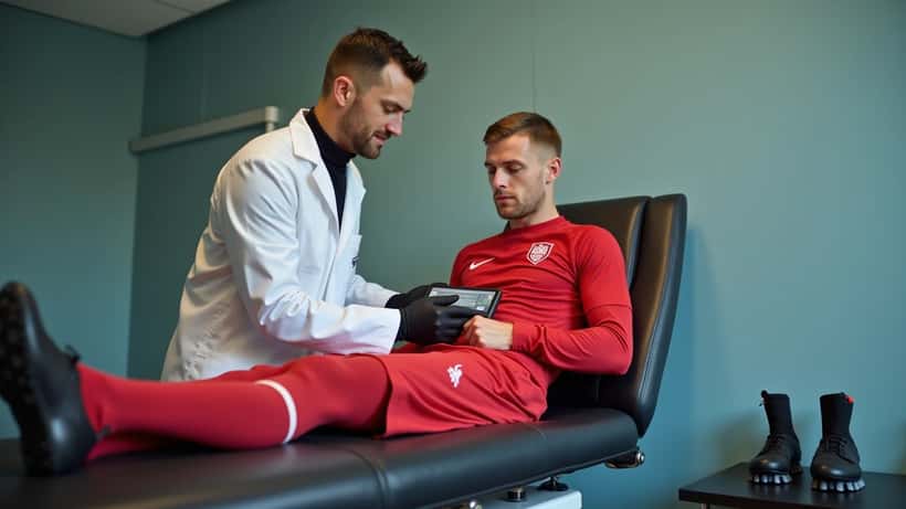 Médecin du sport examinant le genou d'un footballeur professionnel avec une échographie