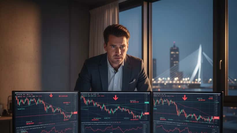 Nederlandse man thuis op kantoor bekijkt dalende cryptokoersen op meerdere schermen Rotterdam april 2026