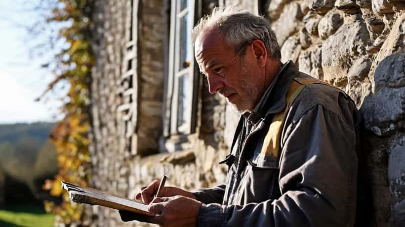 Artisan inspectant des fissures dans un mur de pierre d'une maison ancienne en France