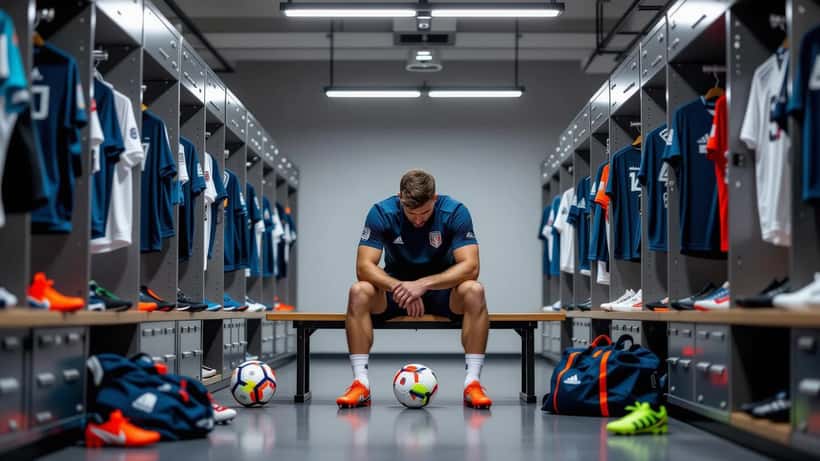 Profifußballer sitzt allein auf einer Umkleidekabinen-Bank, Kopf in den Händen, offene Spinde im Hintergrund