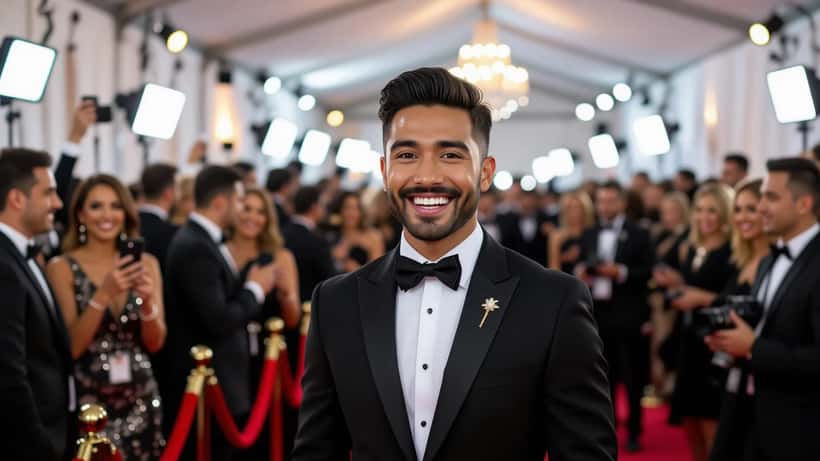 Young Latino comedian in formal black suit at a gala red carpet event with camera flashes