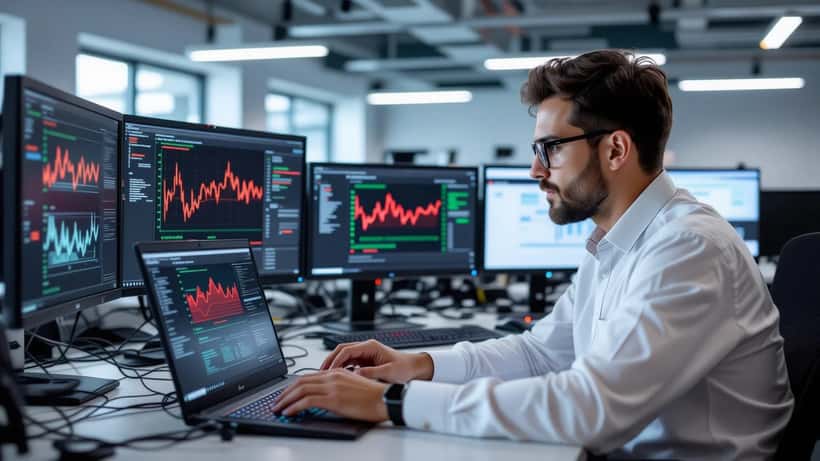Especialista em TI analisando laptop com alerta de segurança após acesso a site de streaming falso