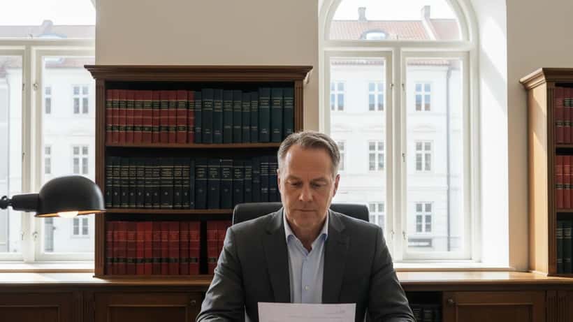 Dansk advokat på sit kontor i København gennemgår juridiske dokumenter om arbejdsulykke