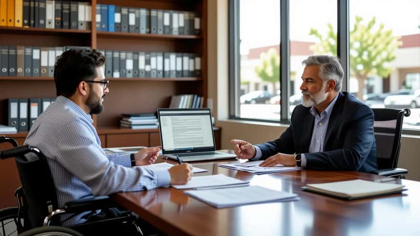 Man in wheelchair consulting with civil rights attorney at Tucson law office, legal documents on table