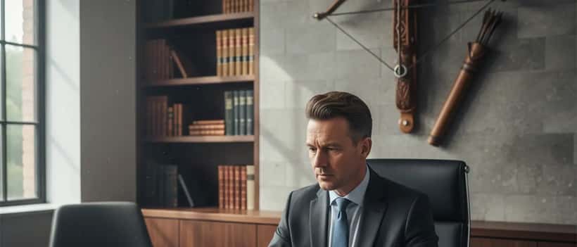 British solicitor reviewing weapons legislation documents in a professional office