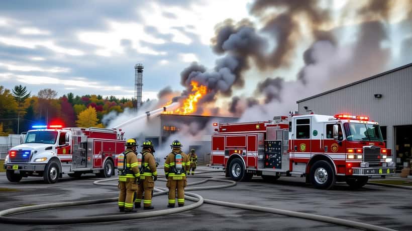 Bomberos respondiendo a una explosión en una maderera industrial en Maine