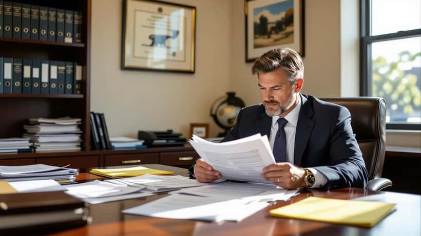 Attorney reviewing zoo safety inspection reports and barrier compliance documents in law office