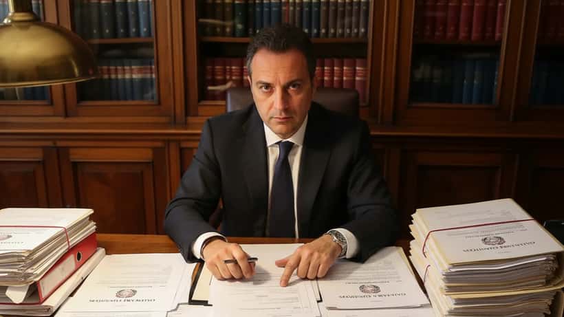 Avvocato penalista italiano esamina documenti di sequestro preventivo in uno studio legale
