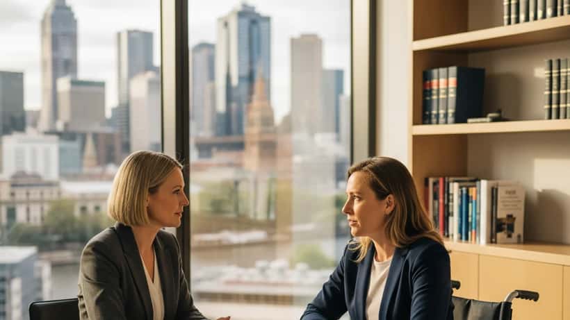 Australian woman in wheelchair consulting with a lawyer at a Melbourne law office