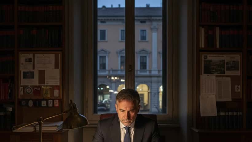 Giornalista italiano in redazione notturna esamina documenti legali su scrivania illuminata