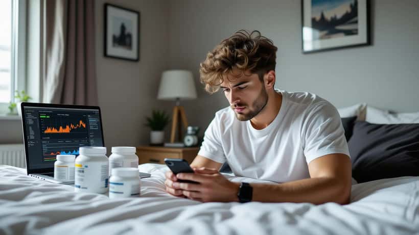 Young man at a cluttered desk surrounded by supplement bottles, staring at his phone late at night