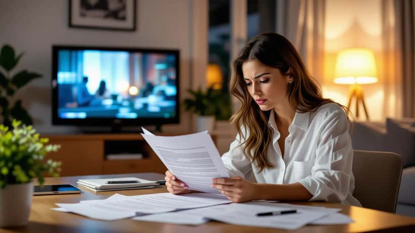 Giovane donna italiana esamina un contratto legale con la TV accesa su uno studio di reality show sullo sfondo, Milano