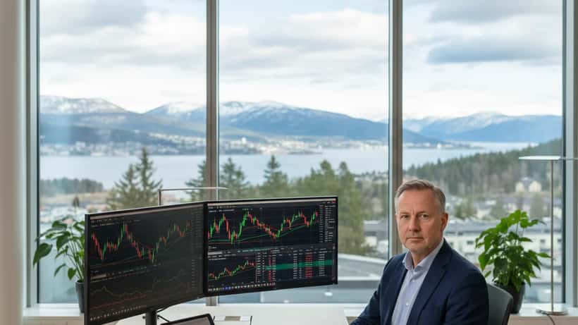 Norsk formuerådgiver gjennomgår finansdata og aksjekurser på kontor i Oslo med fjordutsikt