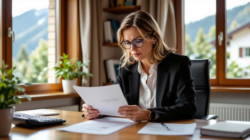 Femme suisse examinant une lettre de refus de l'OFAS avec des documents d'assurance invalidité sur son bureau