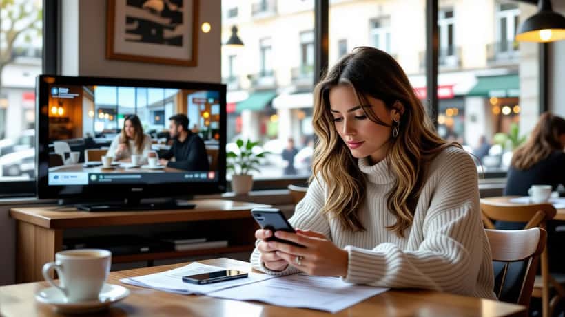 Mulher preocupada a verificar notificações de redes sociais num café em Lisboa com programa de televisão em fundo